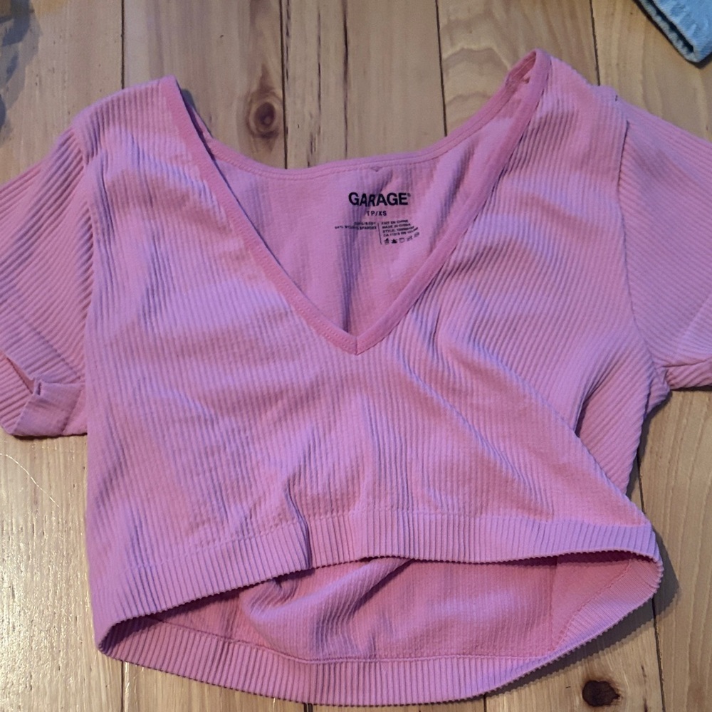 Garage Light Pink Ribbed V-Neck Blouse